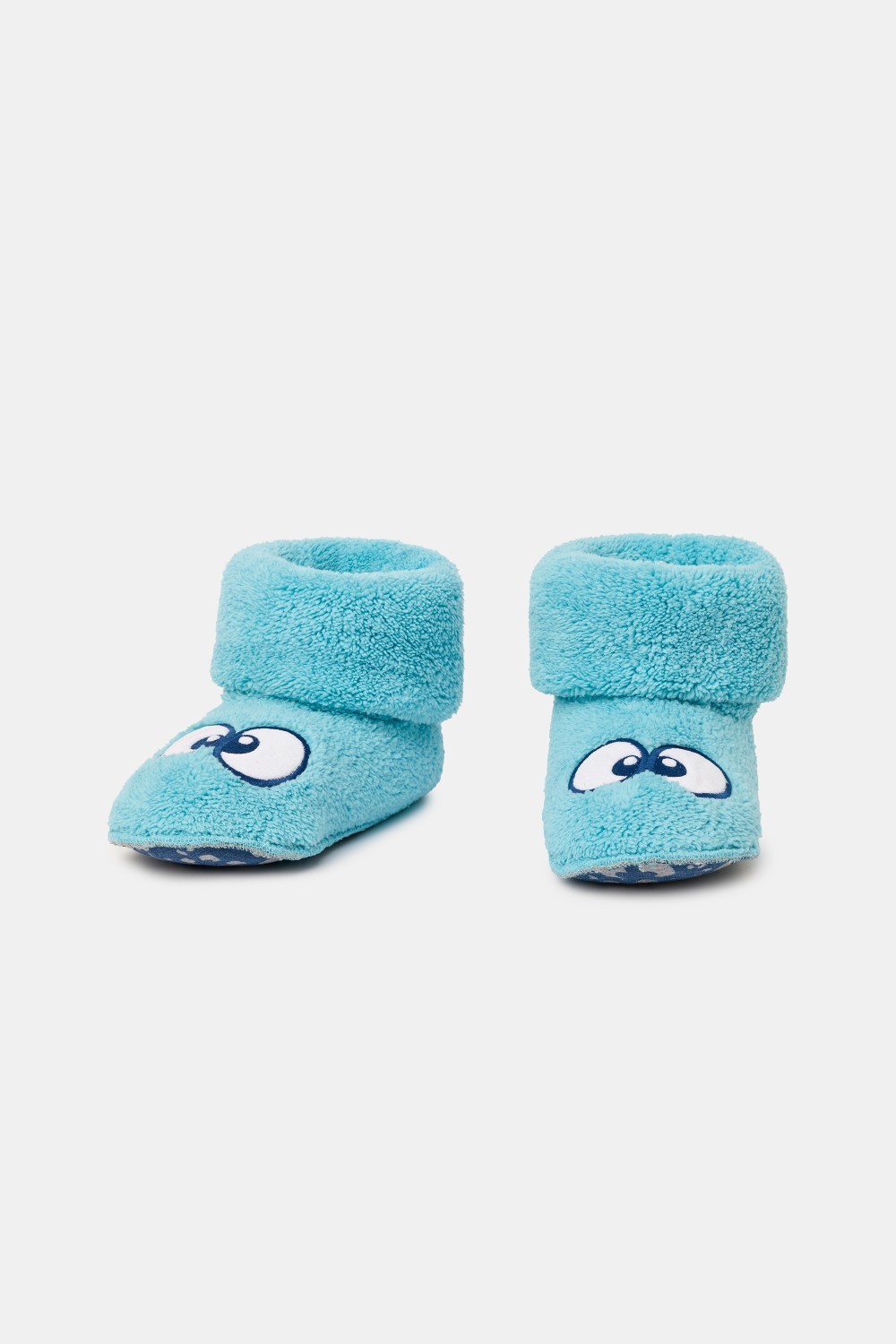 Blauwe pantoffels met Woody ogen van zachte teddystof