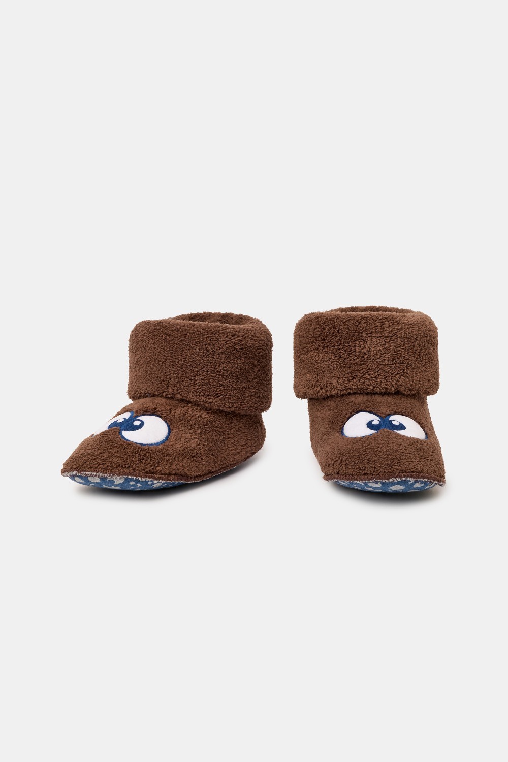 Bruine pantoffels met Woody ogen van zachte teddystof