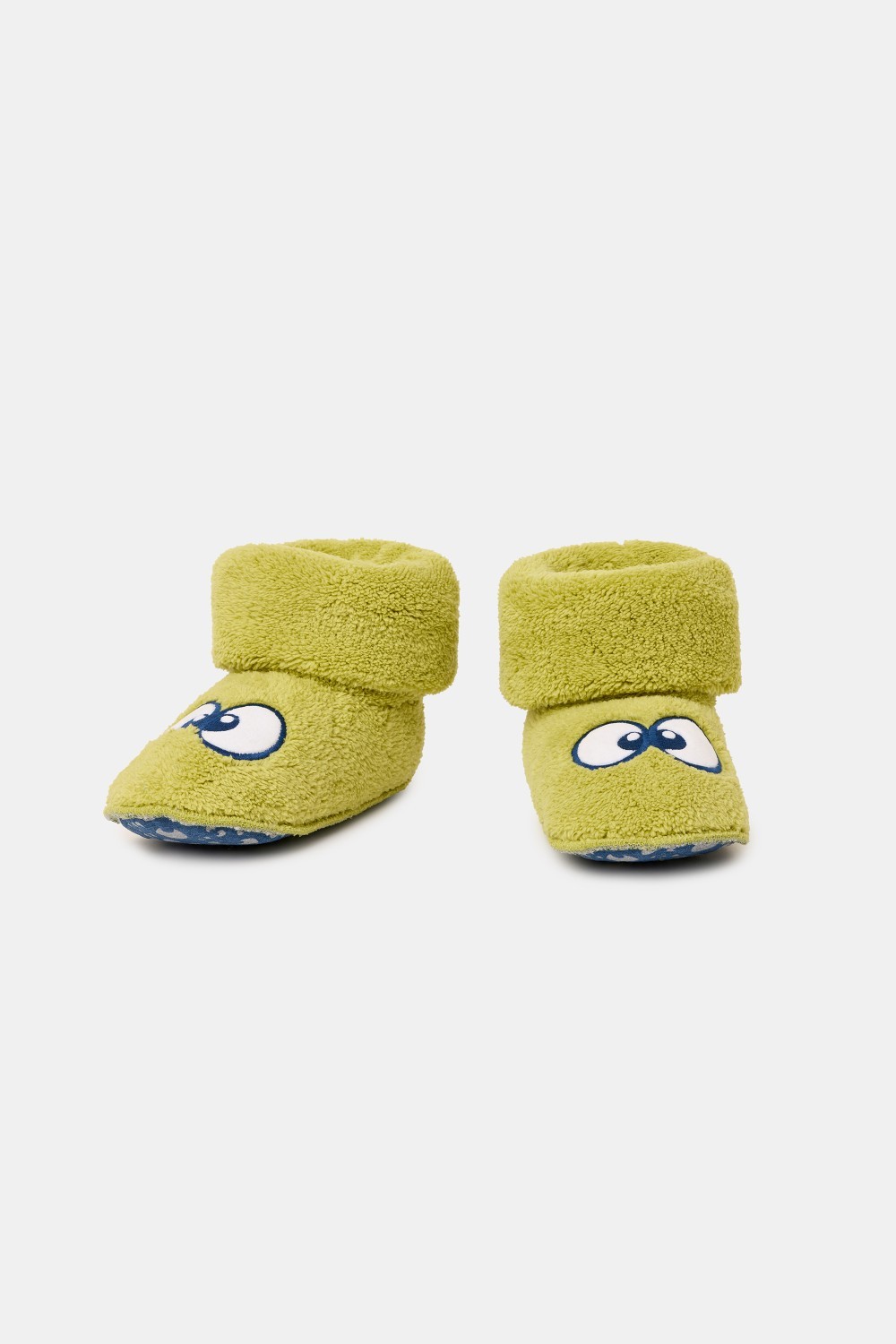 Groene pantoffels met Woody ogen van zachte teddystof