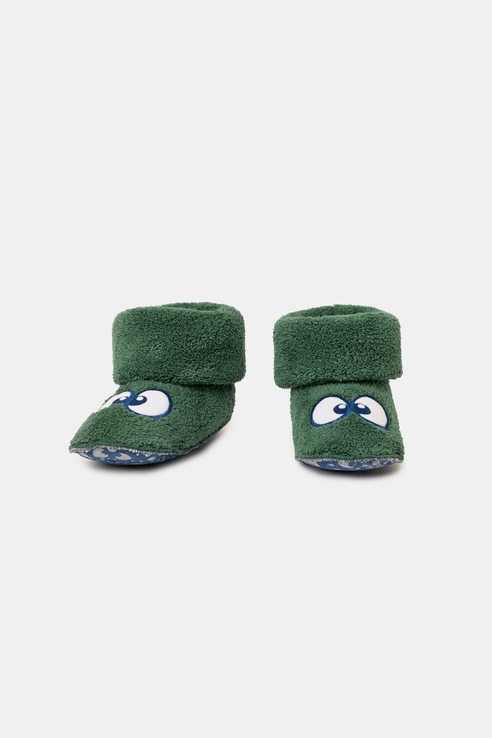 Groene pantoffels met Woody ogen van zachte teddystof