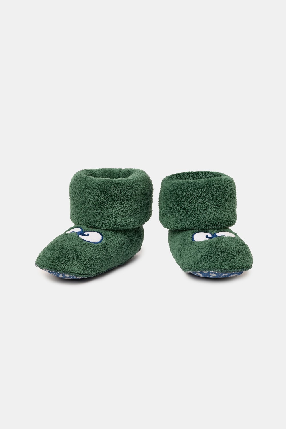 Groene pantoffels met Woody ogen van zachte teddystof