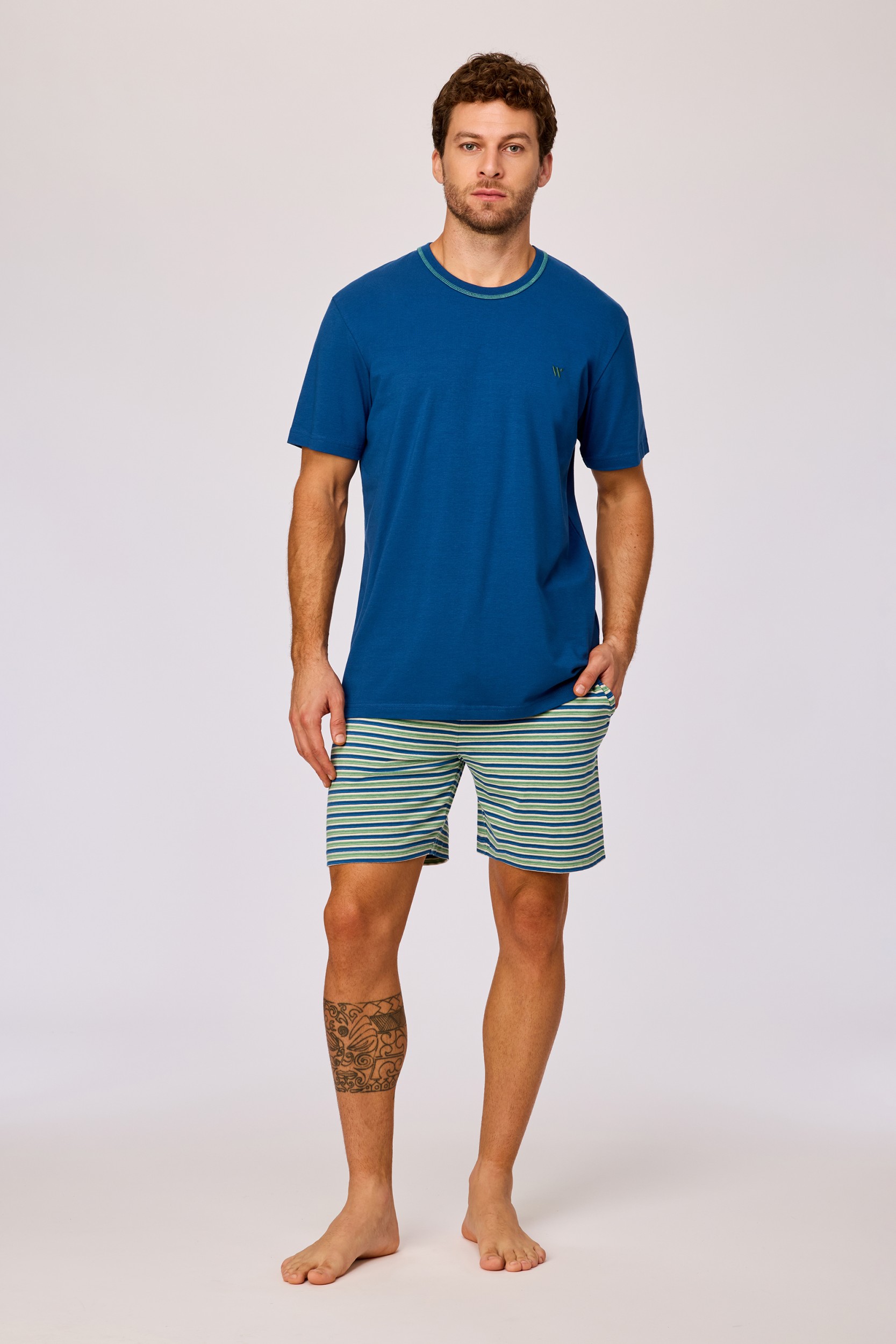 Blauw-groen gestreepte pyjama van soepel katoen