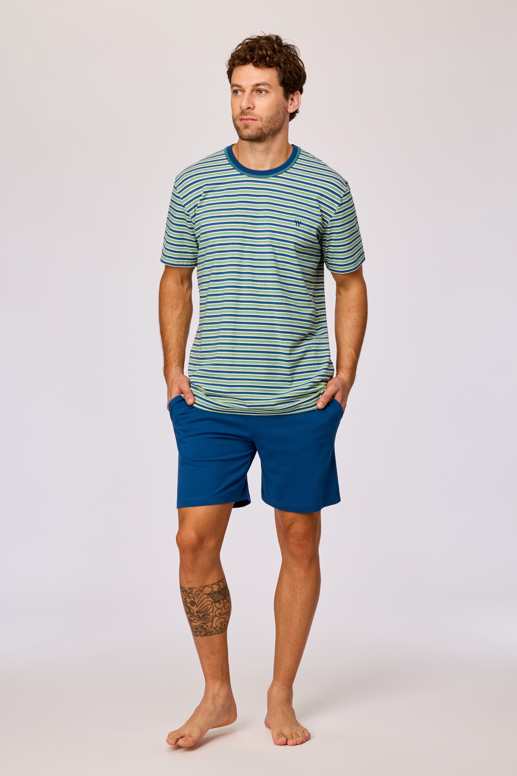 Blauw-groen gestreepte pyjama van soepel katoen