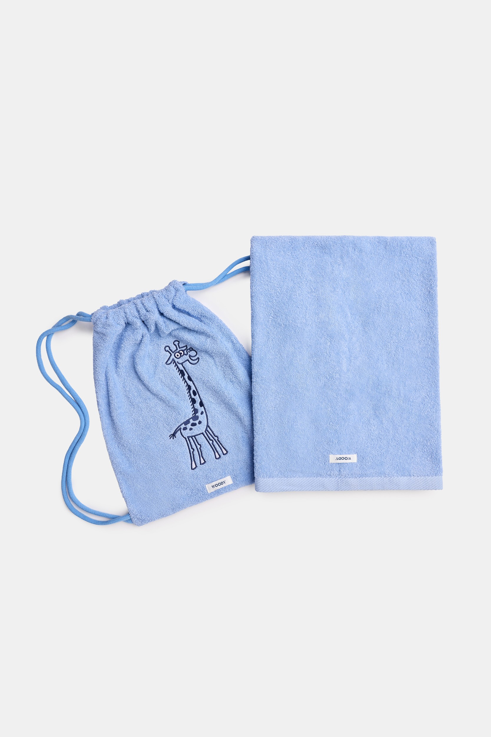 Blauwe zwemzak van badstof met handdoek