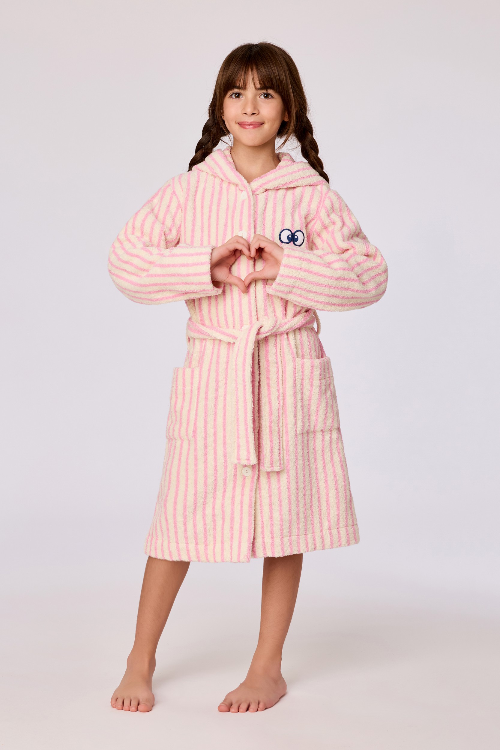 Ecru-roze gestreepte badjas van badstof