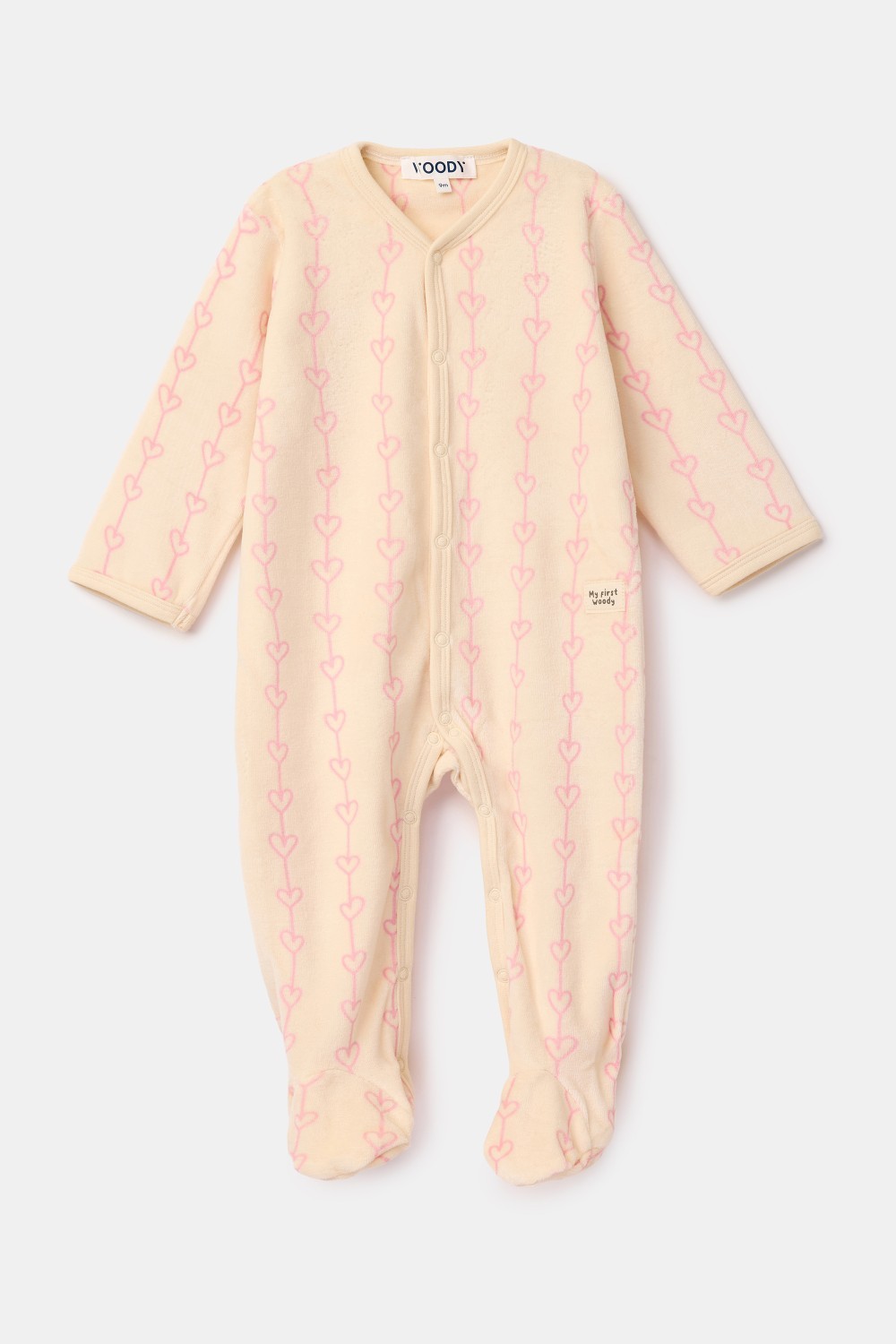 Ecru-roze kruippakje met voetjes van velours