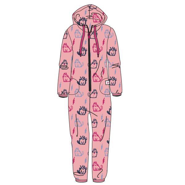 Meisjes-Dames onesie, roze katjes all-over print
