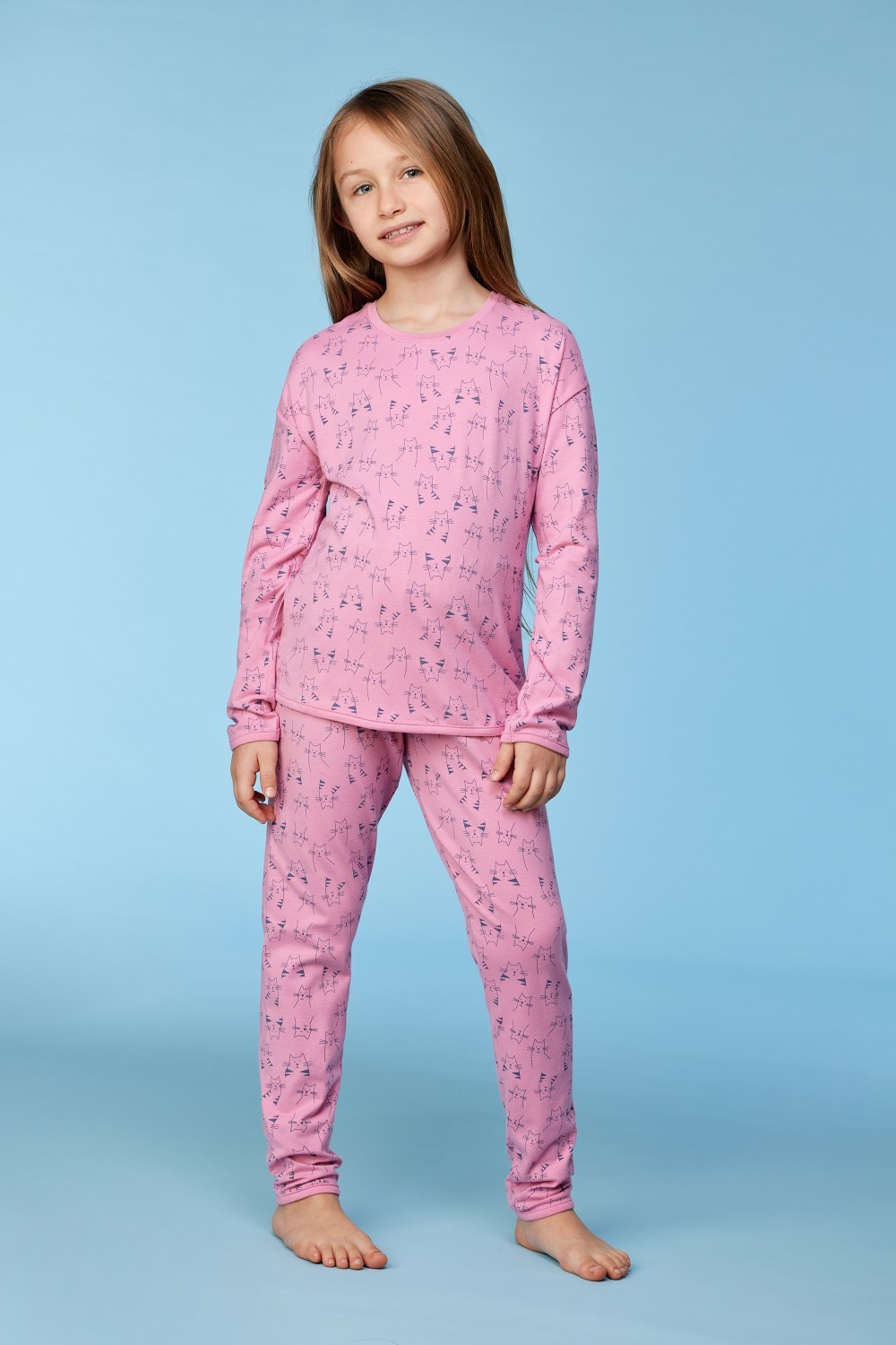Roze pyjama met kattenprint in katoen