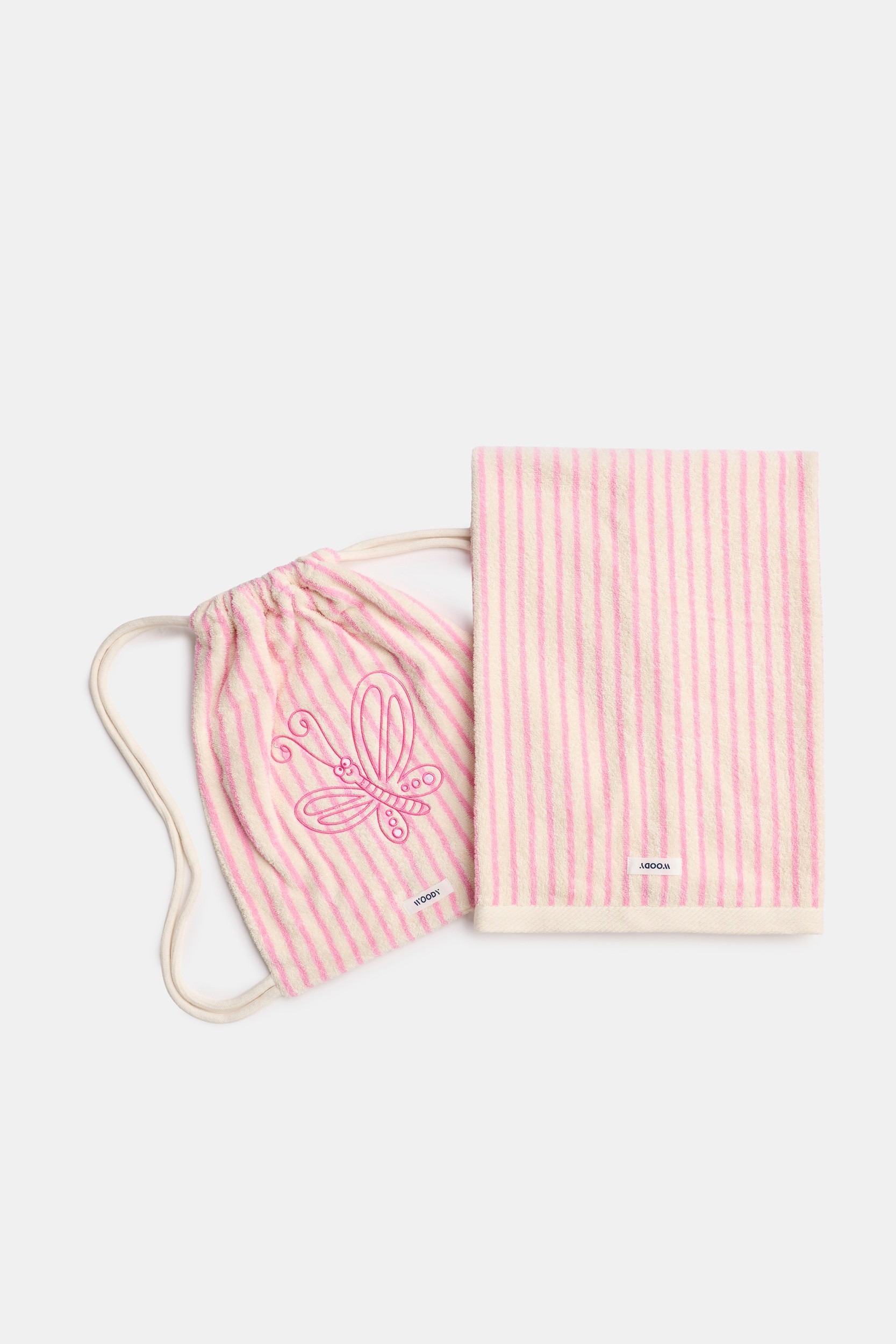 Roze-wit gestreepte zwemzak van badstof met handdoek